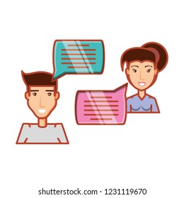 young couple with speech bubbles message
