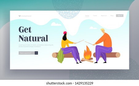 Young Couple Spend Time on Picnic in Summer Camping, Man and Woman Characters Sitting near Campfire Relaxing, Frying Marshmallow Website Landing Page Web Page. Cartoon Flat Vector Illustration, Banner