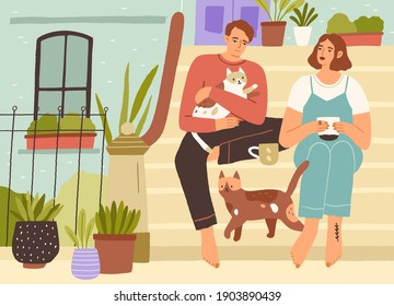 Young couple spending leisure time together with cats on the front porch of house, drinking tea, relaxing and enjoying slow life. Calm people resting in silence near home. Flat vector illustration