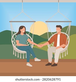 Young couple spending quality time together on hanging chairs at sunset. Ideal for dating, love, companionship, emotional connection, relationship counseling, and lifestyle content.