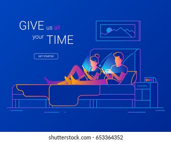 Young couple spending time in bed using smartphones for social networking, reading news, watching video, searching internet. Modern gradient line vector illustration of two people wasting night time Young couple spending time in bed using smartphones for social networking, reading news, watching video, searching internet. Modern gradient line vector illustration of two people wasting night time