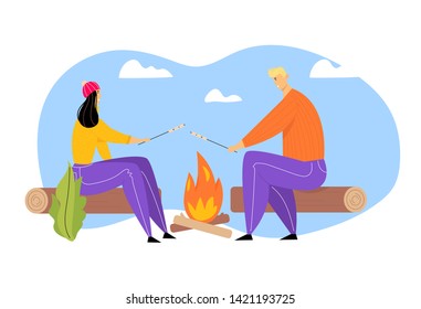 Young Couple Spending Time on Picnic in Summer Camping, Man and Woman Characters Sitting near Campfire Relaxing, Frying Marshmallow, Relax, Outdoor Sparetime on Nature Cartoon Flat Vector Illustration