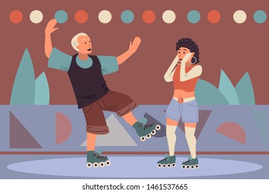 Young couple spending time together on a date in roller club. Lovers on a romantic date in vintage style. Original colorful flat vector illustration.