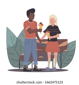 Young couple spending time together eating icecream. Isolated flat vector illustration.