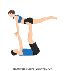 Young couple sporty people practicing yoga lesson with partner, man and woman in yogi exercise, arm balance pose. Flat vector illustration isolated on white background