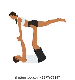 Young couple sporty people practicing yoga lesson with partner, man and woman in yogi exercise, arm balance pose. Flat vector illustration isolated on white background