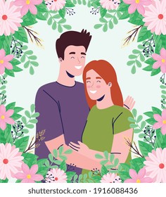junges Paar mit Federblumen Rahmen, Vektorgrafik-Design