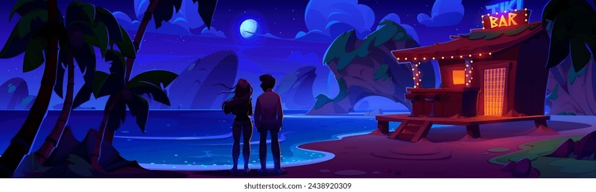 Young couple stand near tiki bar on shore of tropical lagoon at night under moon light. Cartoon dusk landscape of sea or ocean sandy beach with wooden hut cafe and back view of man and woman.