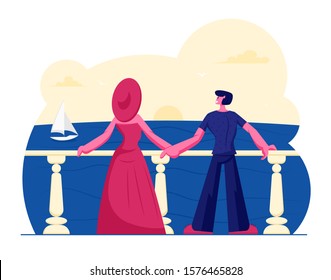 Young Couple Stand on Outdoor Terrace Looking on Beautiful Seascape with Floating Sailing Ship. Relaxing Woman in Elegant Gown and Broad-brim and Young Man Rear View. Cartoon Flat Vector Illustration