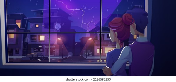 Young Couple Stand At Window Rear View Looking On Night Ghetto Street With Old Cracked Buildings And Broken Cars Under Rain And Lightning Glow In Dark Sky, Family At Home Cartoon Vector Illustration