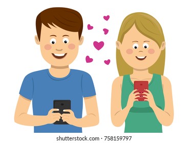 Young couple standing by one another and looking at the phone on whie