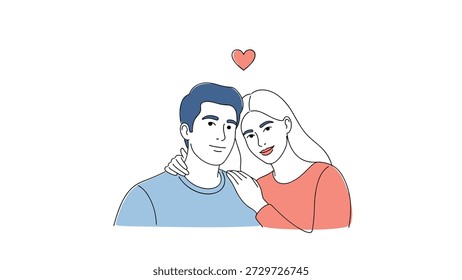 Pareja joven de pie juntos y sonriendo mientras un Pequeño corazón rosa flota sobre ellos para simbolizar el amor y el romance.