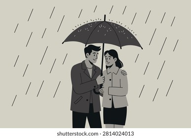 Young couple standing close together under a black umbrella while it rains to show protection, love, and shared moments.