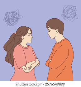 A young couple standing with crossed arms and tense expressions, showing signs of conflict. Represents relationship struggles and communication issues