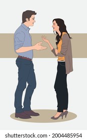 Young couple standing and discussing vector illustration. Happy pair chatting with each other. Standing posed architectural human figures with black outline.