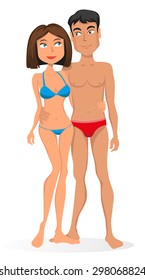 Young couple standing in an embrace. A girl and a guy in bathing suits on white background.