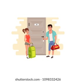 Young couple standing in front of the door of the hotel room vector Illustration on a white background