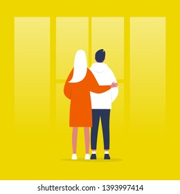 Young couple standing in front of the window. Relationships. Hugging partners. Love. Flat editable vector illustration, clip art