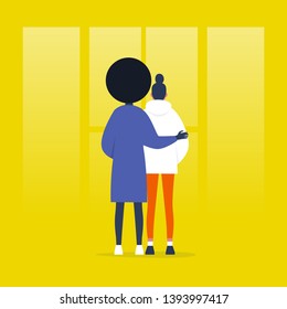 Young couple standing in front of the window. Relationships. Hugging partners. Love. Flat editable vector illustration, clip art