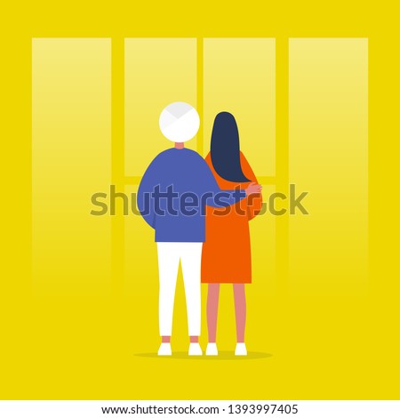Young couple standing in front of the window. Relationships. Hugging partners. Love. Flat editable vector illustration, clip art