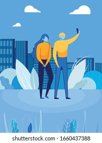 Young Couple Standing Full Length on Cityscape Background and Making Selfie Photo with Mobile Device. Smartphone Camera Technology to Take Self Portrait Picture. FLat Cartoon Vector Illustration.