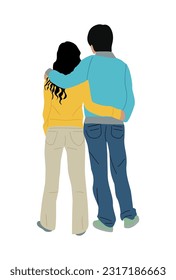 Young couple standing full length rear view. Man and woman in smart casual clothes from behind, turned back. Cartoon Characters backside. Vector realistic illustration isolated on white background
