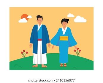 A young couple standing in a garden wearing traditional Japanese clothes. Character design. Vector flat illustration