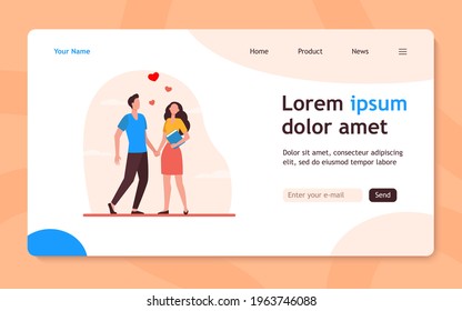 Young couple standing and holding hands. Heart, girlfriend, boyfriend flat vector illustration. Love and relationship concept for banner, website design or landing web page