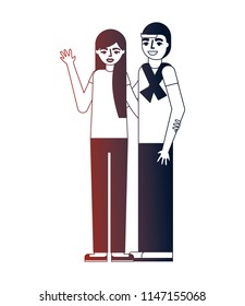 young couple standing hugging characters