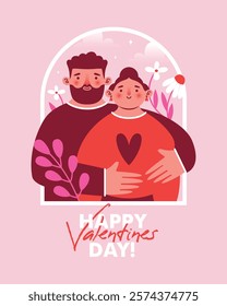 Young couple are standing and hugging in window frame. Love concept. Naive illustration with kawaii characters of man and woman, lovers among flowers, plants, clouds. Card to Saint Valentine's Day.