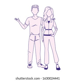 young couple standing icon over white background, flat design, vector illustration