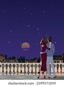 
Young couple standing on the balcony in the evening against the backdrop of the night city. Vector.