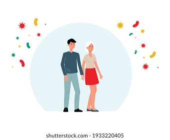 Young couple standing in priotective field buble, flat vector illustration isolated on white background. Protection of viruses and bacterias, immune system concept,