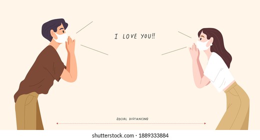 Young couple standing separated from each other and shouting "I love you". Concept of Social distancing on Valentine's day. Long distance love. COVID-19 epidemic during. Flat vector illustration.