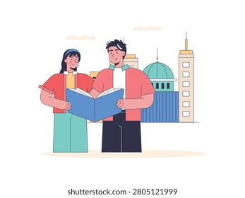 Young couple standing together and reading a large open book with historic dome buildings. Character design. Vector flat illustration
