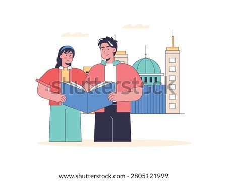 Young couple standing together and reading a large open book with historic dome buildings. Character design. Vector flat illustration