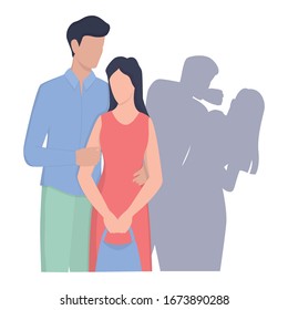 Young couple standing together but woman is threatened by husband in shadow. Male character punching woman in the face. Domestic violence and abuse concept. Isolated vector illustration