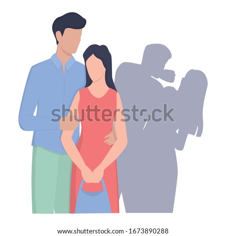 Young couple standing together but woman is threatened by husband in shadow. Male character punching woman in the face. Domestic violence and abuse concept. Isolated vector illustration