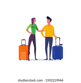 Young couple standing with travel bags and talking. Summer vacation flat vector illustration. Travel concept for banner, website design or landing web page