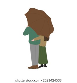 Jovem casal de pé sob guarda-chuva marrom e abraço, ilustração vetor vista traseira