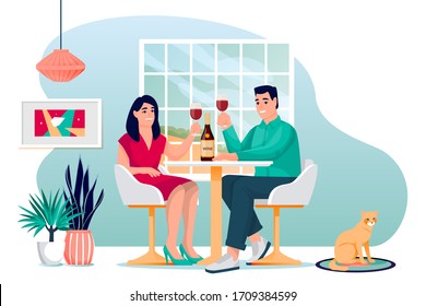 Young couple stay home and drinking red wine at the table. Man and woman have romantic lunch or dinner. Vector flat cartoon family characters illustration. Relationship, leisure time at home concept