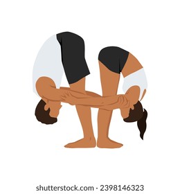 Young couple stretching bending all the body. Hands to feet yoga pose. Ragdoll couple yoga pose. Flat vector illustration isolated on white background