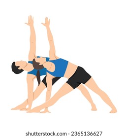 Young couple stretching bending to one side. Couple doing stretching exercise, extended triangle pose, utthita trikonasana. Flat vector illustration isolated on white background