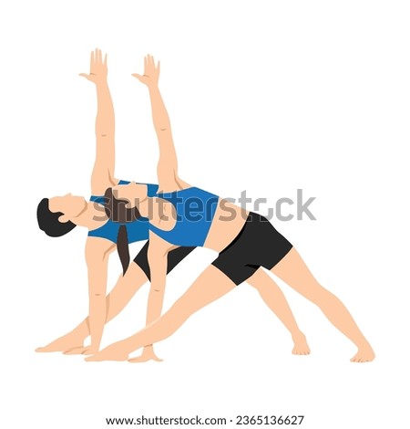 Young couple stretching bending to one side. Couple doing stretching exercise, extended triangle pose, utthita trikonasana. Flat vector illustration isolated on white background