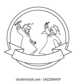 young couple students graduated celebrating in circular frame