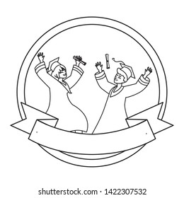 young couple students graduated celebrating in circular frame