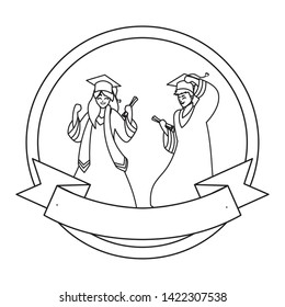 young couple students graduated celebrating in circular frame