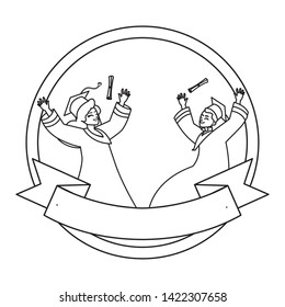 young couple students graduated celebrating in circular frame