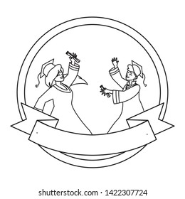 young couple students graduated celebrating in circular frame