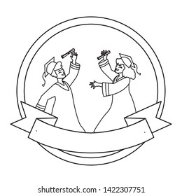 young couple students graduated celebrating in circular frame